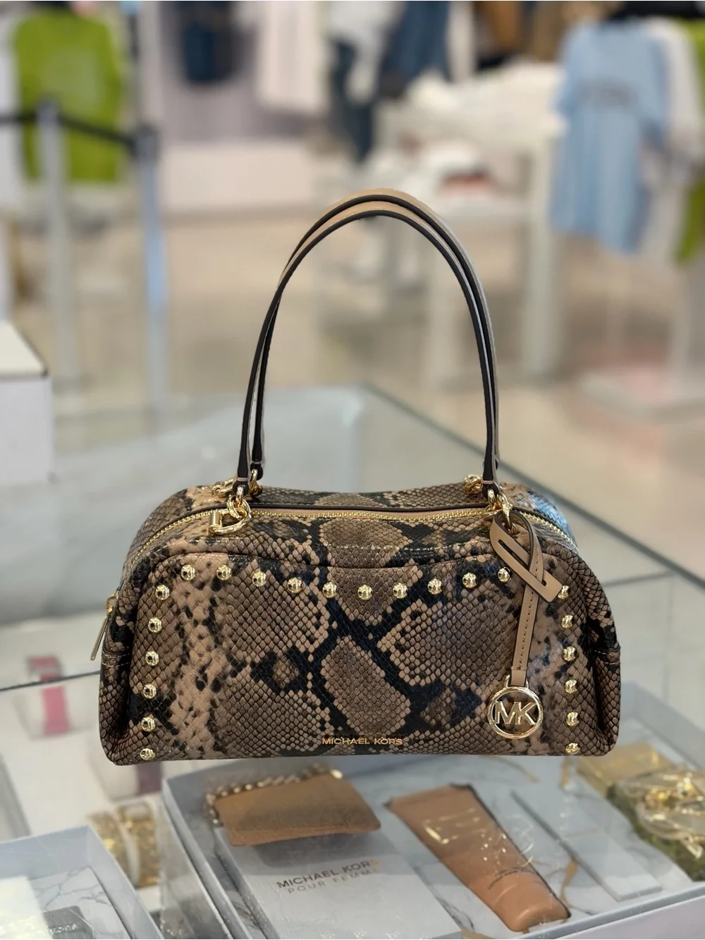Michael Kors Tan Cecily Small Studded Snake Embossed Shoulder Crossbody Bag